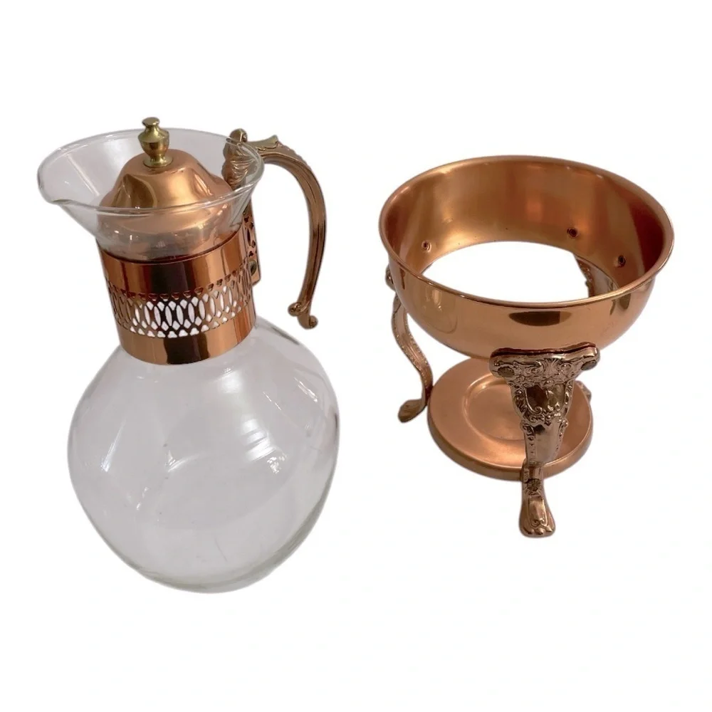 Vintage Princess House Copper Coffee Tea Pot Carafe & Warming Stand Set 14